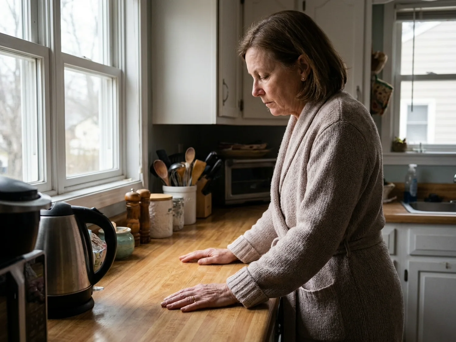 A woman in her sixties in a dressing gown leaning on her kitchen counter with both hands early in the morning