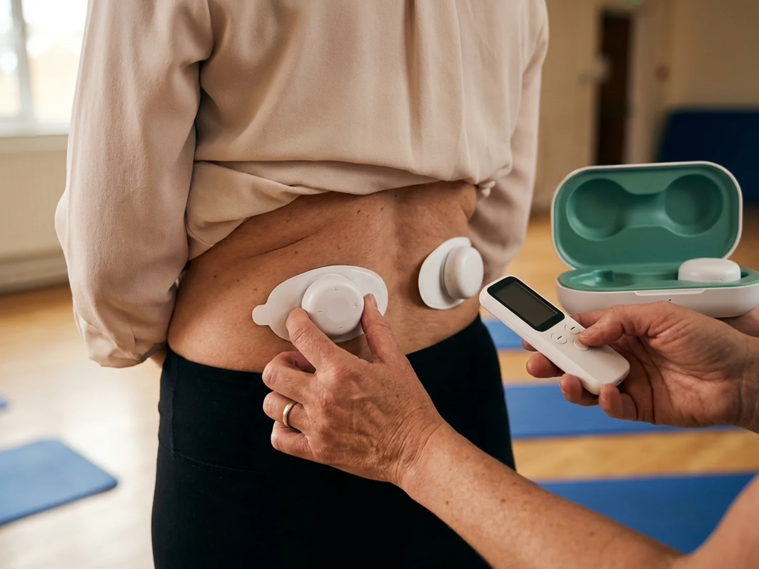 An instructor's hands pressing a small white pod onto a student's lower back while the student holds a slim white remote