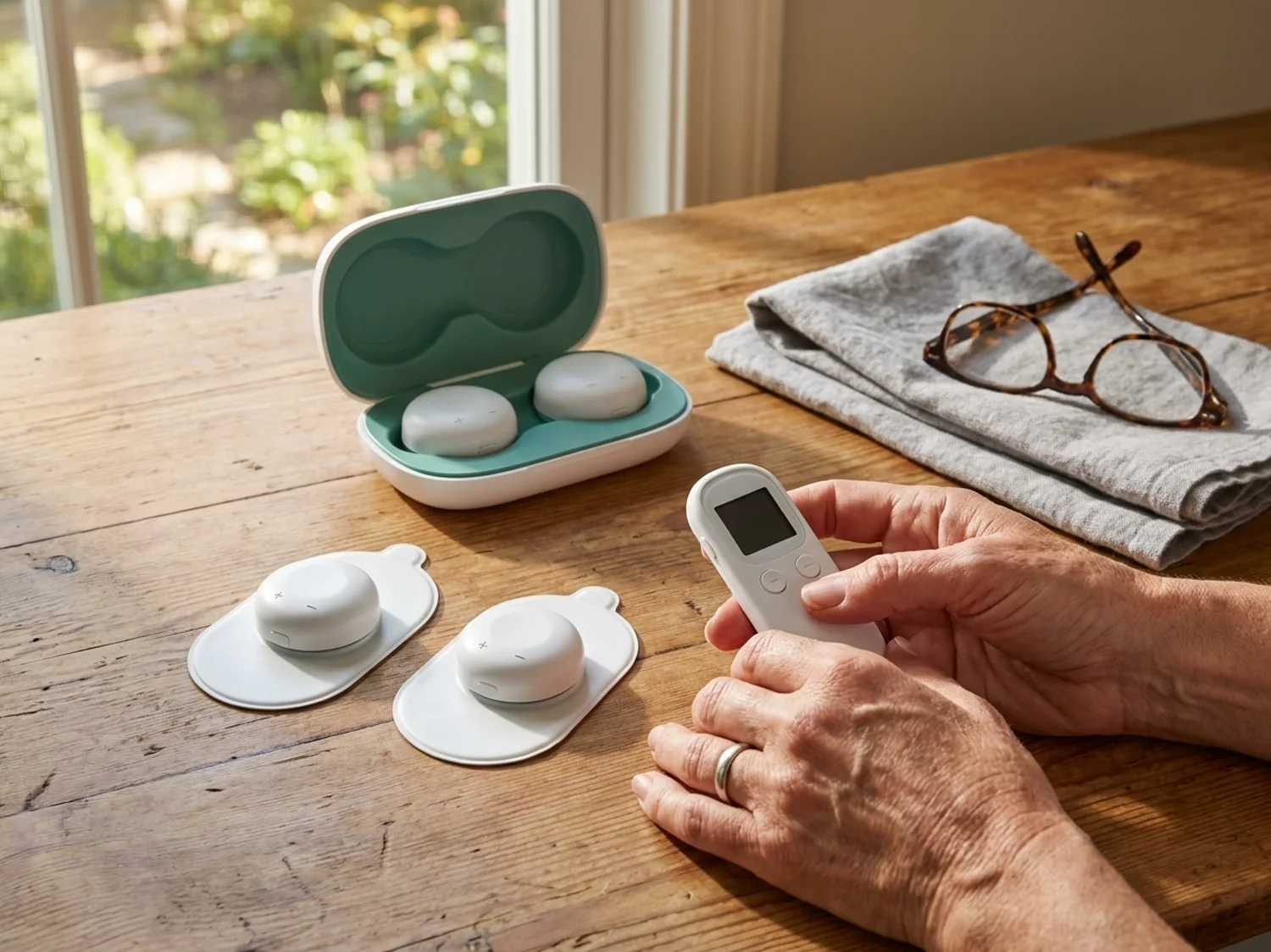 Two small white pods on their oval gel pads, a slim white remote and an open white charging case laid out on a kitchen table