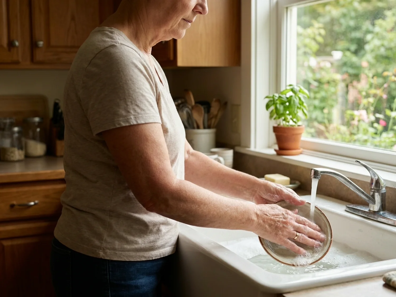 A woman in her sixties standing upright at the kitchen sink washing dishes with both hands in the water, morning light