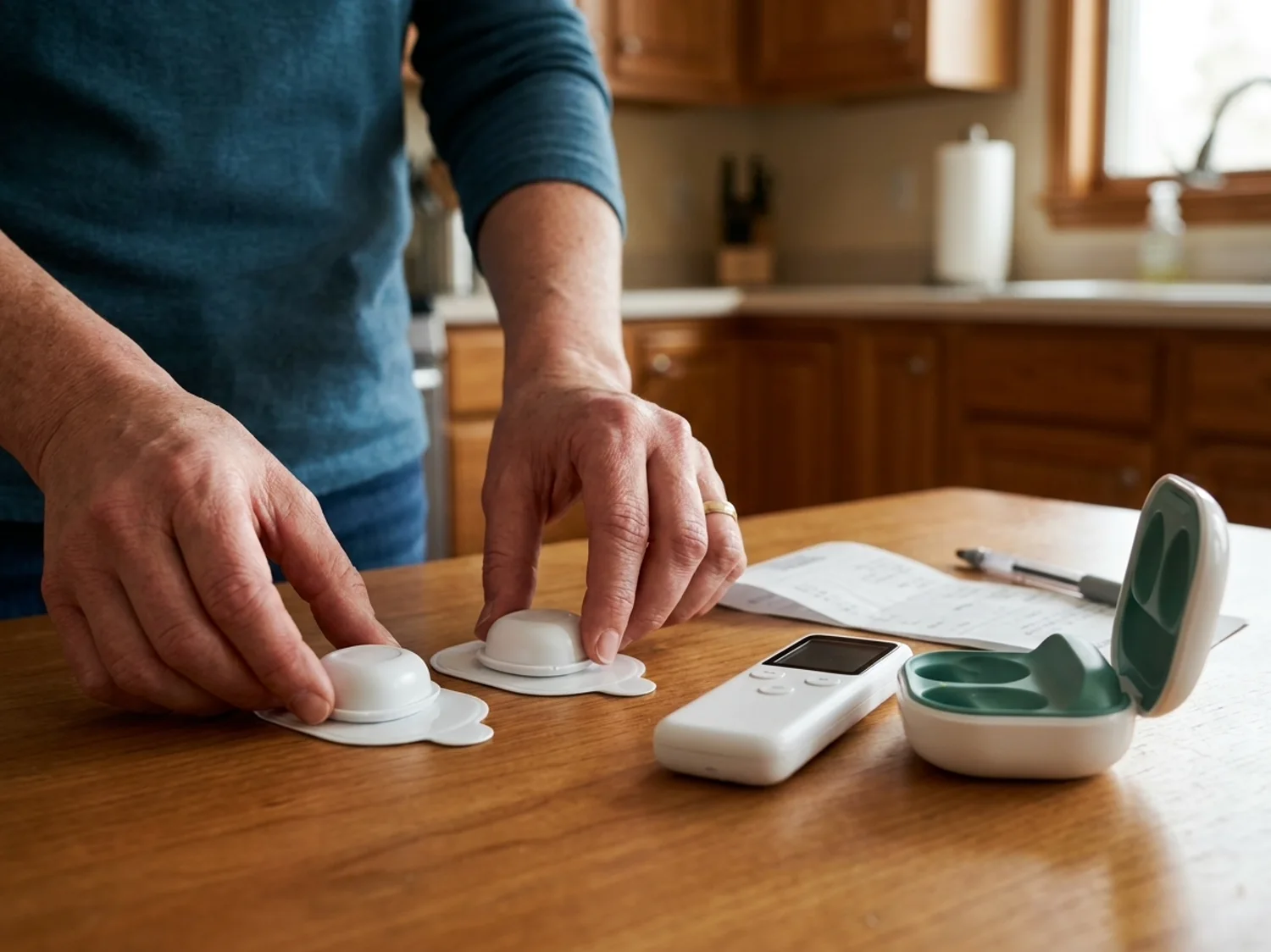 The open white charging case with the two pods and the remote inside, resting on a kitchen table beside a folded massage receipt