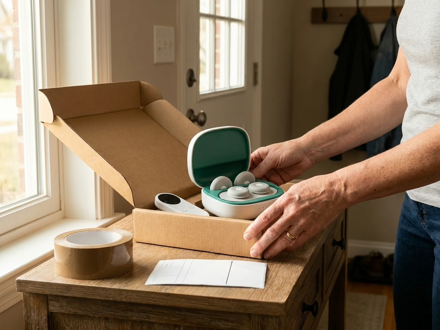 The white charging case and remote back in their plain box on a hallway table, a blank shipping label beside them
